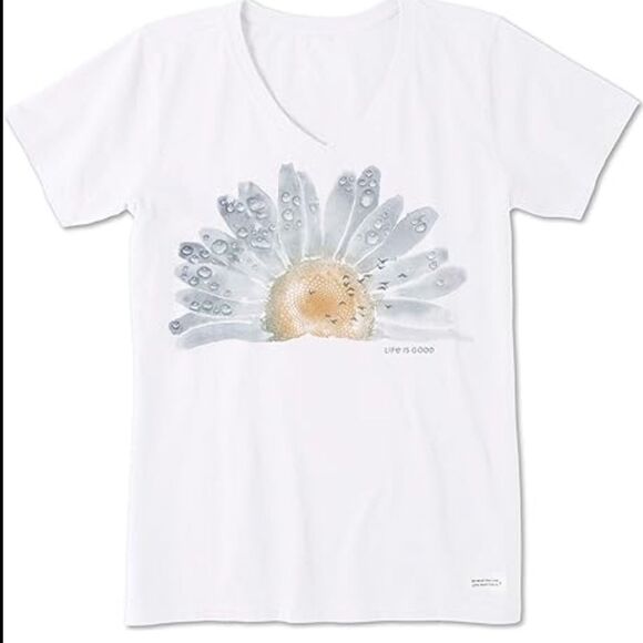 Life Is Good crusher light floral daisy retro y2k white raw hem white t shirt L - Picture 1 of 8
